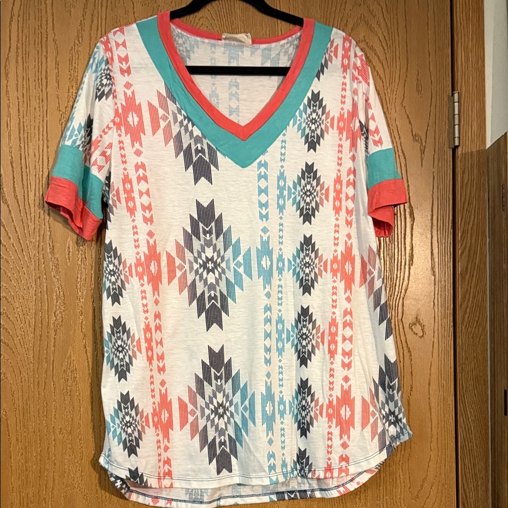 Avery Coral and Teal Aztec V-Neck Tee